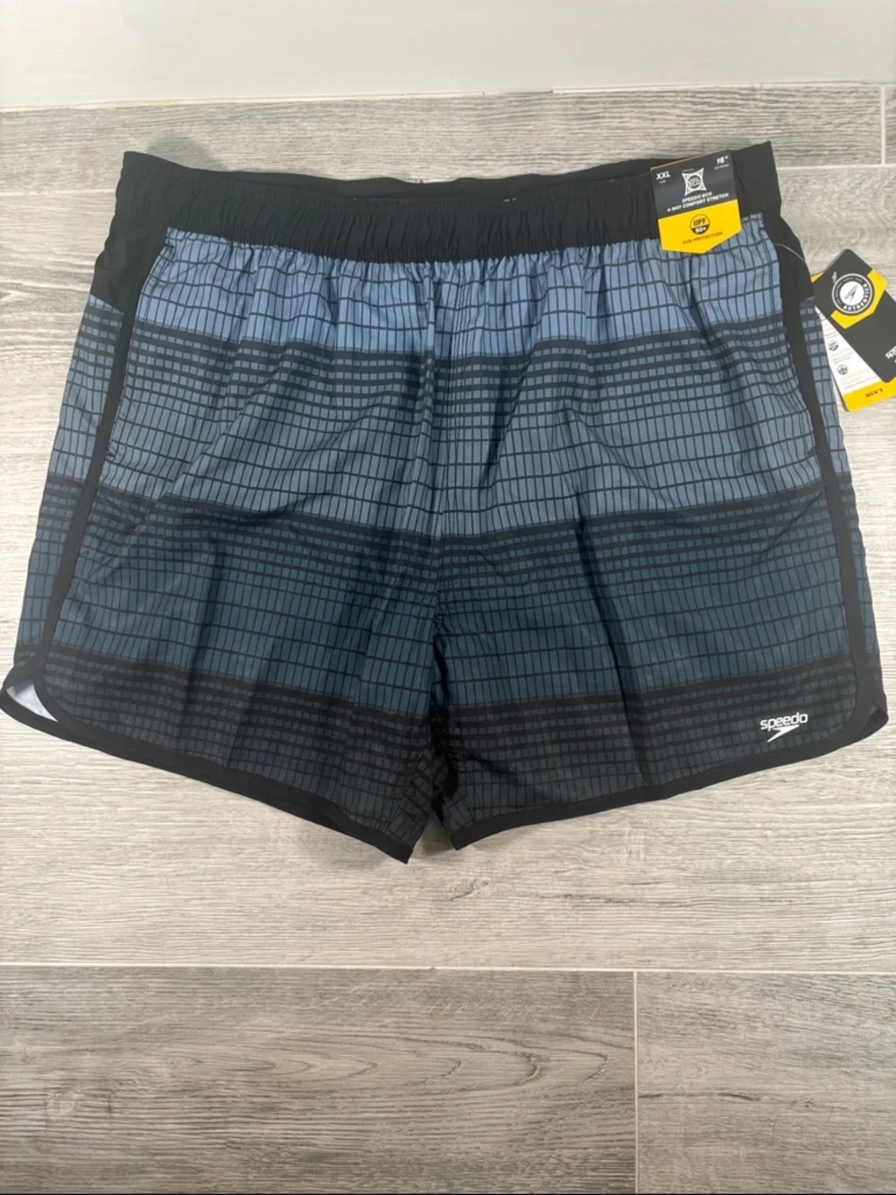 NWT Speedo Men's 2XL Swim Trunks Blue Grid Geometric Board Shorts UPF 50